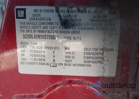 2008 Saturn Vue V6 Xe z USA, uszkodzony, nr VIN 3GSDL43N58S729871